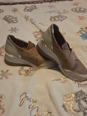 Michael Kors Taupe and Gold Slip-On Wedge Sneakers